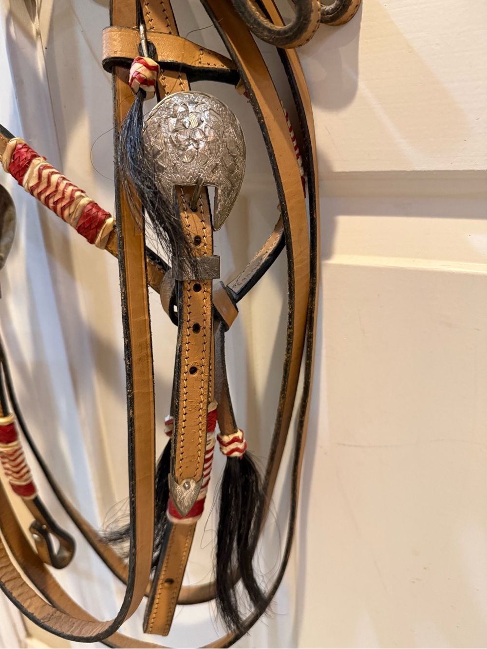 Leather Western Headstall w/ matching reins w/ horsehair Accent colored rawhide - Picture 11 of 16
